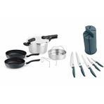 Muhteşem 4lü Fissler 4,5lt Glossy Düdüklü Tencere+buharda Pişirme Aparatı+fissler Cenit Pan 2'li Tava Seti - 24-28 Cm+karaca Proofcut Green 6 Parça Standlı Bıçak Seti Açık Gri