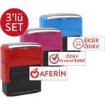 Mühürce 3'lü Set Öğretmen Kaşesi - Aferin, Eksik Ödev, Ödev Kontrol Edildi 40x16mm Renkli