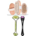 MUJGAN 3'lü Set At Kılı Selülit Fırçası + Dermaroller Titanyum 0.5 Mm +yeşim Taşı Masaj Aleti