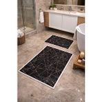 Mulberry Modern Çizgili Çerçeve Banyo Paspası Kaydırmaz Tabanlı Yumuşak 2’li Set Siyah