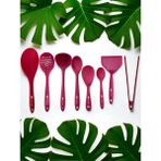 Multiamo İvory Isıya Dayanıklı Silikon Kevgir Kepçe Spatula Kaşık Maşa Seti (30-28-22-20 Cm) 8 Parça - Fuşya
