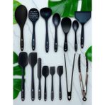 Multiamo İvory Isıya Dayanıklı Silikon Maşa Kevgir Kepçe Spatula Kaşık Seti (30-28-22-20 Cm) 15 Parça - Siyah