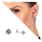 Multicolor Zirkon Taşlı Yonca Yaprağı Tasarım 925 Ayar Gümüş Kadın Küpe