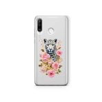 Multitronic Huawei P30 Lite ile Uyumlu Leopar ve Pembe Gül Desenli Şeffaf Telefon Kılıfı