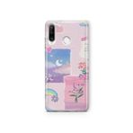 Multitronic Huawei P30 Lite ile Uyumlu Pastel Çiçekli Ay ve Gökkuşağı Desenli Şeffaf Telefon Kılıfı