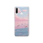 Multitronic Huawei P30 Lite ile Uyumlu Pembe Gökyüzü ve Kuğu Desenli Şeffaf Telefon Kılıfı