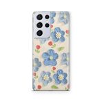 Multitronic Samsung Galaxy S21 Ultra ile Uyumlu Mavi Yağlı Boya Çiçek Desenli Şeffaf Telefon Kılıfı