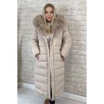 Muna Boutique Ithal Yakası Kürklü Bej Uzun Kadın Şişme Mont