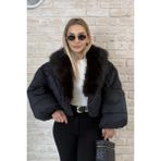 Muna Boutique Ithal Yakası Kürklü Crop Siyah Şişme Mont - S - M