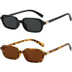 MUNSADE Retro Dikdörtgen Güneş Gözlüğü Kadınlar için Küçük 90'lar Vintage Trendy Dar Kare Çerçeve UV400 Koruma, (2 Paket) Siyah/Gri+leopar/Kahverengi