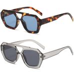 MUNSADE Trendy Aviator Güneş Gözlüğü Kadınlar için Retro Altıgen Kare Çift Köprü Güneş Gözlükleri Tasarımcı Tarzı Tonları 2pack, (2 Paket) Kaplumbağa/Mavi+açık Gri/Gri