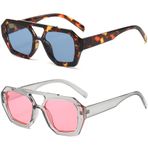 MUNSADE Trendy Aviator Güneş Gözlüğü Kadınlar için Retro Altıgen Kare Çift Köprü Güneş Gözlükleri Tasarımcı Tarzı Tonları 2pack, (2 Paket) Kaplumbağa/Mavi+açık Gri/Pembe