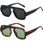 MUNSADE Trendy Kare Havacı Güneş Gözlüğü Kadınlar için Düz Üst Tasarımcı Şık Çerçeve Güneş Gözlükleri Vintage Tonları, (2 Paket) Siyah/Gri+kaplumbağa/Yeşil