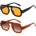 MUNSADE Trendy Kare Havacı Güneş Gözlüğü Kadınlar için Düz Üst Tasarımcı Şık Çerçeve Güneş Gözlükleri Vintage Tonları, (2 Paket) Siyah/Turuncu+turuncu Leopar/Kahverengi