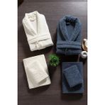 Mürdüm Home Hira 6 Parça Aile Bornoz Takımı - %100 Pamuk, Lüks, Jakarlı Bornoz Seti, Hediyelik, Çeyizlik - Indigo - Krem