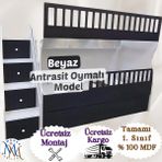 Mürsel Mobilya Beyaz Antrasit Oymalı Model Çocuk Ranzası - Antrasit - Beyaz - 90 x 190 cm