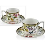 Muse Garden Kelebek Desenli Porselen Çay Fincanı ve Tabağı Seti, 15x6,5 cm, Beyaz TEKLİ