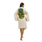 Müslin Kimono 100% Pamuklu Fatma Ana Eli Baskılı Desenli Bornoz Kaftan Sabahlık (Ekru2, Standart)