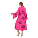 Müslin Kimono 100% Pamuklu Göz Baskılı Desenli Bornoz Kaftan Sabahlık (Fuşya, Standart)
