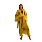 Müslin Kimono 100% Pamuklu Göz Baskılı Desenli Bornoz Kaftan Sabahlık (Sarı, Standart)