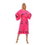 Müslin Kimono 100% Pamuklu Leopar Baskılı Desenli Bornoz Kaftan Sabahlık (Fuşya, Standart)