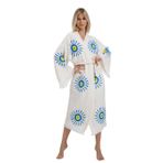 Müslin Kimono 100% Pamuklu Nazar Boncuk Baskılı Desenli Bornoz Kaftan Sabahlık (Ekru1, Standart)