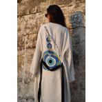 Müslin Kimono 100% Pamuklu Nazar Boncuk Baskılı Desenli Bornoz Kaftan Sabahlık (Ekru2, Standart)
