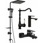 Musluq Aurum Luxe 4’lü Set - 4’lü Rustik Banyo & Mutfak Seti | Robot Duş + Lavabo + Eviye Set - Siyah