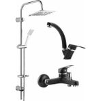 Musluq Robot Duş Seti Mix Takım Evye-Lavabo-Banyo Bataryası 3' Lü Modern Lüks Kuğ Set - Siyah