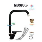 MUSLUQ Siyah Krom Köşe Borulu Mutfak Eviye Bataryası Musluğu Pirinç Gövde