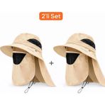 Mustran 2'li Set Uv Korumalı Sök Tak Maskeli Enseli Güneş Şapkası Unisex Outdoor Yazlık Şapka Krem - Tek Beden