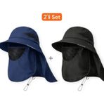Mustran 2'li Set Uv Korumalı Sök Tak Maskeli Unisex Enseli Güneş Şapkası Outdoor Balıkçı Tarla - Tek Beden - Lacivert - Siyah