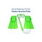 Mustran Çocuk 3'lü Set Palet Maske Şnorkel Dalış Seti PVC 24-29 Numara Ayarlanabilir Kayışlı, 25-29, Avnmustranpaletliset, Yeşil