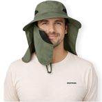 Mustran Güneş Koruyuculu Nefes Alabilen Maskeli Ve Boyun Kapaklı Geniş Kenarlı Balıkçı Şapkası, Tek Ebat, MASKELİBALIKÇII00, Haki, Unisex Yetişkin