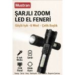 Mustran Şarjlı Zoom Led El Feneri Lümen Çelik Başlık 6 Modlu Kamp Tarla Araç Balıkçı Acil Durum - Siyah