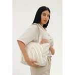Mute Bag Çizgili Kanvas Tote Çanta / Kadın Omuz Çantası (40 * 28) (Sap 60 Cm)