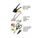 Mutfak-00005 Online Kapında3'lü Set Paslanmaz Metal Limon Sıkacağı, Sarımsak Ezici, Çok Fonksiyonlu Mutfak Makası