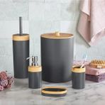 Mutfak Köşesi Limpia Bambu Desenli Beyaz 5'li Banyo Seti Çöp Kovası, Sıvı Sabunluk, Diş Fırçalık - Gri
