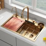 Mutfak Lavabosu Altın Şelale Uçan Yağmur Lavabosu Mutfak Çalışma İstasyonu Nano Paslanmaz Çelik Lavabo Çekmeceli Musluklu, Boyut: 65 * 45cm)