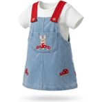 Mutlu Bebe Bulvar Kız Bebek %100 Pamuklu Kot Jile Elbise & Tişört Takım Tavşan Nakışlı Askılı Jean Elbise 2’li Set - 18 - 24 Ay - Mavi