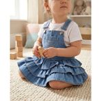 Mutlu Bebe Bulvar Kız Bebek %100 Pamuklu Kot Salopet Jile Takım - Ayıcık Nakışlı Fırfırlı Kot Elbise ve Beyaz Tişört 2'li Bayramlık-Yazlık Set - 18 Ay - Kot Mavisi