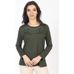 Mutlu City Yeni Model Taş Işlemeli Yuvarlak Yaka Likralı Anne Penye Bluz 6420 - XL - Haki Yeşili