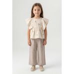 Mutlu Kids Keten Görünümlü Gömlek ve Bağcıklı Pantolon 2'li Kız Çocuk Takımı - 5 Yaş - Bej