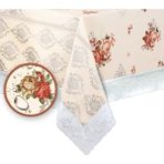 Mutlu Land Çiçekli Damask Pvc Masa Örtüsü Kenar Dantel Krem - Gri - 152 x 152 cm - Krem - Turuncu