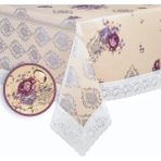 Mutlu Land Çiçekli Damask Pvc Masa Örtüsü Kenar Dantel Krem - Mor - 152 x 232 cm - Mor - Krem