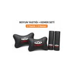 mutlu oto aksesuar Chery Oto Boyun Yastığı + Kemer Pedi Seti (2 Yastık + 2 Kemer) Siyah Deri Kırmızı Nakışlı