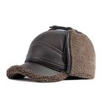 MUYAN Beyzbol kepi kulak kapaklı erkek PU deri şemsiye şapka boyun korumalı rüzgar geçirmez sıcak kış şapkası, B kahve (56-58 cm), 58