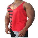 Muzboo Erkek Gym Muscle Y-Back Stringer Yelek Vücut Geliştirme Egzersiz Tank Üstleri Fitness Kolsuz Tişört, Kırmızı ve Siyah Çizgili, L