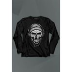 Müzik Dinleyen Bereli Kuru Kafa Kulaklık Bere Skull Listen MusicUzun Kollu Tişört Baskılı T-Shirt Siyah