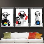 Müzik dinleyen Köpekler Temalı Aynalı Çerçeveli 3 lü Kanvas Tablo Seti 150x70 cm SETS0251